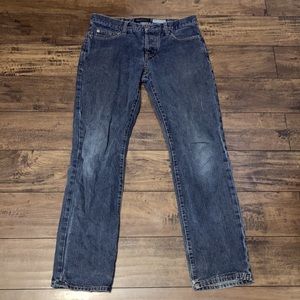 Light grey, slim straight jeans.